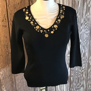 Joseph A Black Embellished Top with 3/4 Sleeves